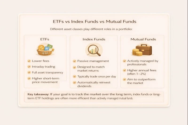 Comparison of ETFs, index funds, and mutual funds.